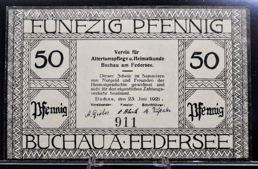 1921 Buchau am Federsee Germany 50 Pfennig Notgeld - Large Size Note - German Emergency Currency - Rarer 1921 German Fifty Pfennig Note