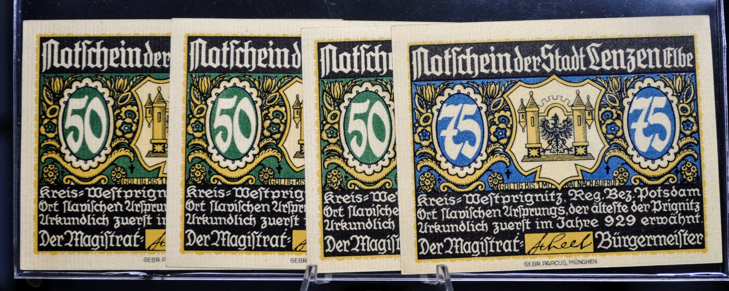 1921 Lenzen Elbe Germany 50 and 75 Pfennig Notgeld Set - Complete 50 Pfennig Set - German Emergency Currency - 1921 German Pfennig Note Set