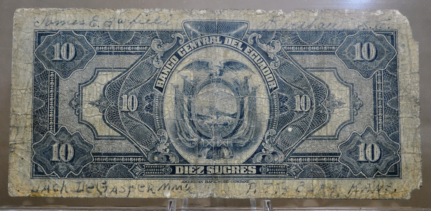 RARE 1939 Banco Central Del Ecuador 10 Sucres Note - Scarce Early Date, Presidente Overprint - 1939 Ecuadorian Diez Ten Sucres Note - P#92a