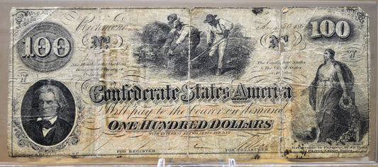 1862 Confederate States 100 Dollar Notes - Two Notes/Double Sided - 1862 Civil War CSA One Hundred Dollar Banknotes - CS-41/T-41