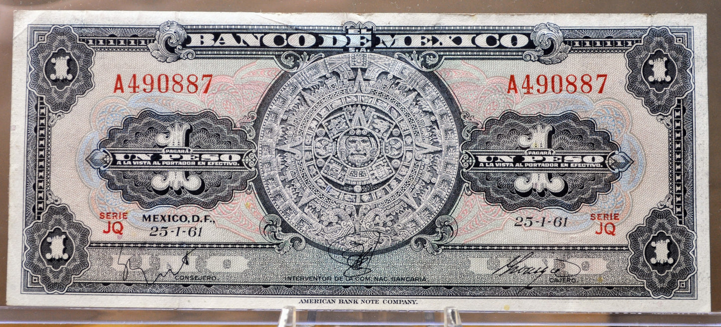 Bank of Mexico 1 Peso Bank Note - Aztec Calendar Design - Choose by Year - Banco de Mexico One Peso Aztec Calander Note - 1948-1965