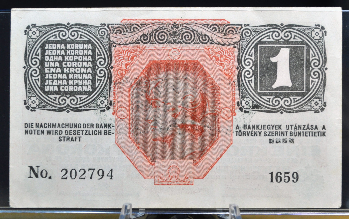 1919 (1916) Austria-Hungary 1 Krone Note - 1919 Austria Overprint - 8 Languages Issue - 1916 Austria-Hungary One Krone Stamped Note - P#49