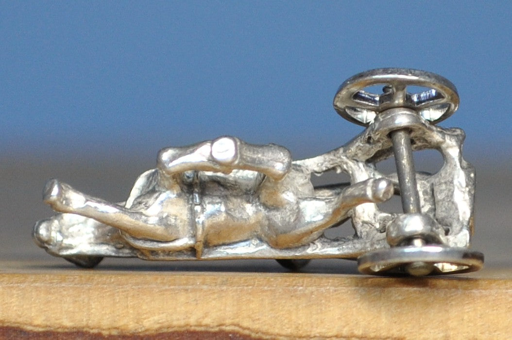 Antique Jockey Horse Racing Sterling Silver Charm - Vintage Moveable Chariot Horse and Buggy Pendant