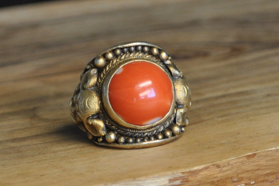 Red Coral Inlay Gold Tone Silver Bull Ring - Size 8 (Expandable) - Stamped and Tested Silver - Buddhist/Hindu Jewelry- 18th Century Cuff