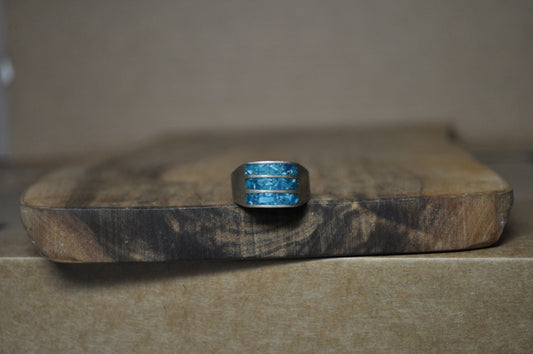 Southwest Native Striped Turquoise Inlay Ring - Size 10 - Stamped and Tested Sterling Silver - Zuni Turquoise Jewelry