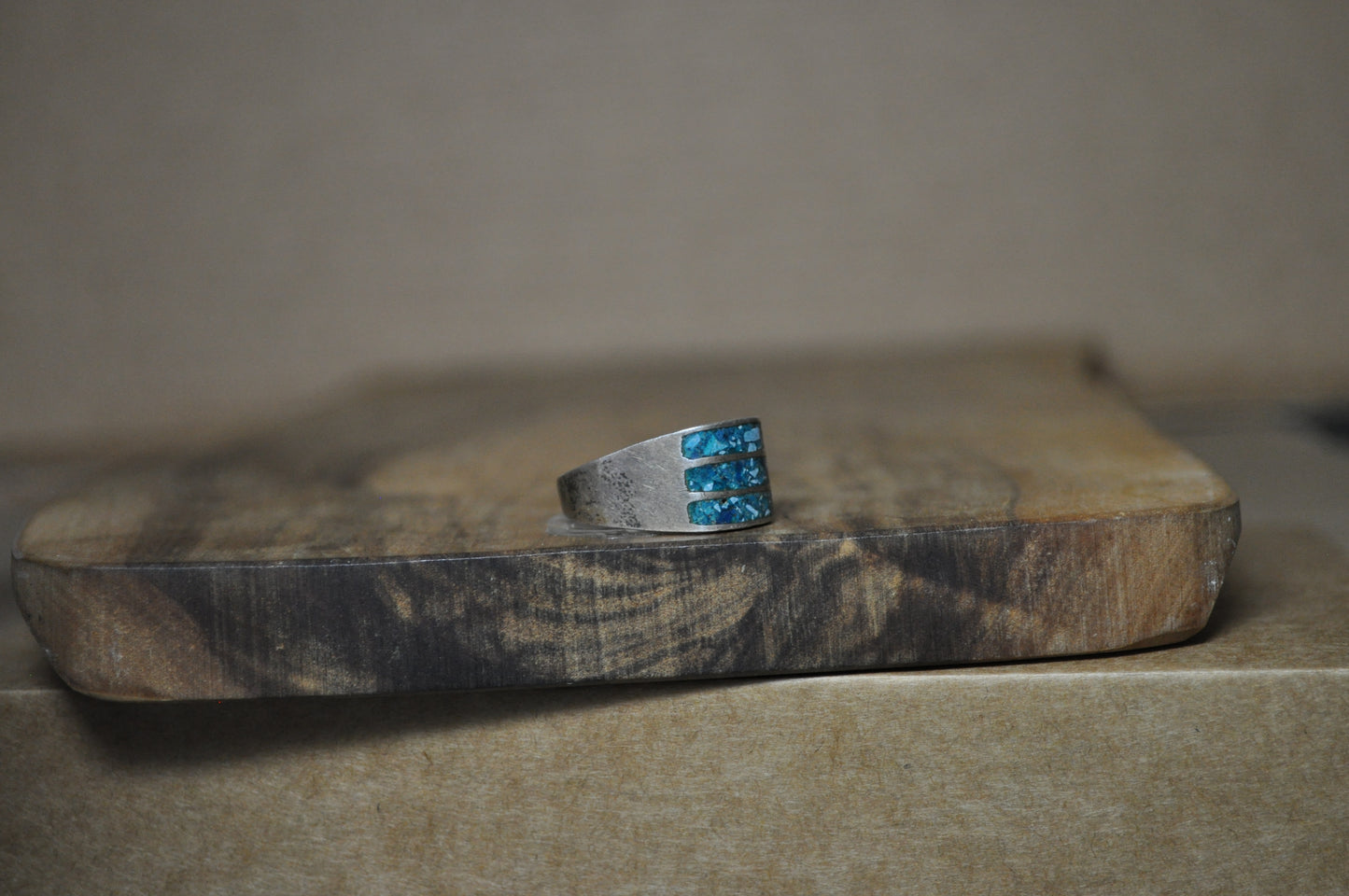 Southwest Native Striped Turquoise Inlay Ring - Size 10 - Stamped and Tested Sterling Silver - Zuni Turquoise Jewelry