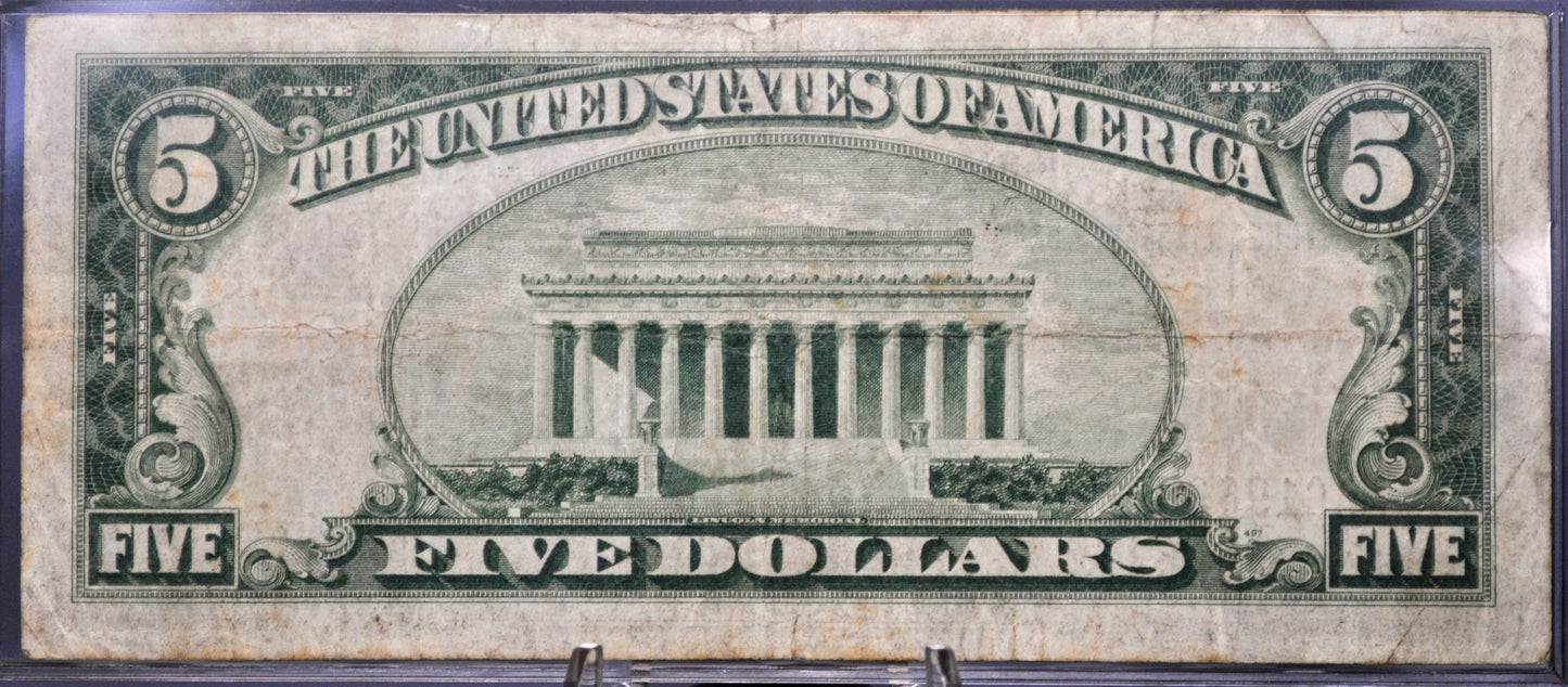 1929 Boston Federal Reserve 5 Dollar Banknote - Very Fine (VF) Grade - 1929 Brown Seal MA Five Dollar National Currency Note - Fr#1850-A