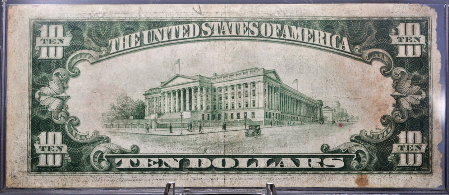 1929 New York Bank 10 Dollar National Currency Note - Very Fine (VF) with Stains - NY 1929 Brown Seal Ten Dollar FRBN Banknote - Fr#1860-B