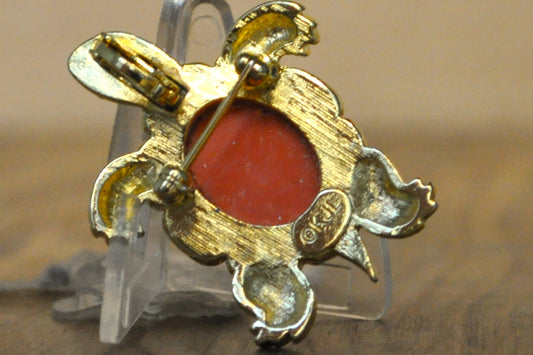 Kenneth Jay Lane Coral Turtle Brooch - Signed KJL - Gold Tone Coral Shell Turtle Brooch - Retired KJL