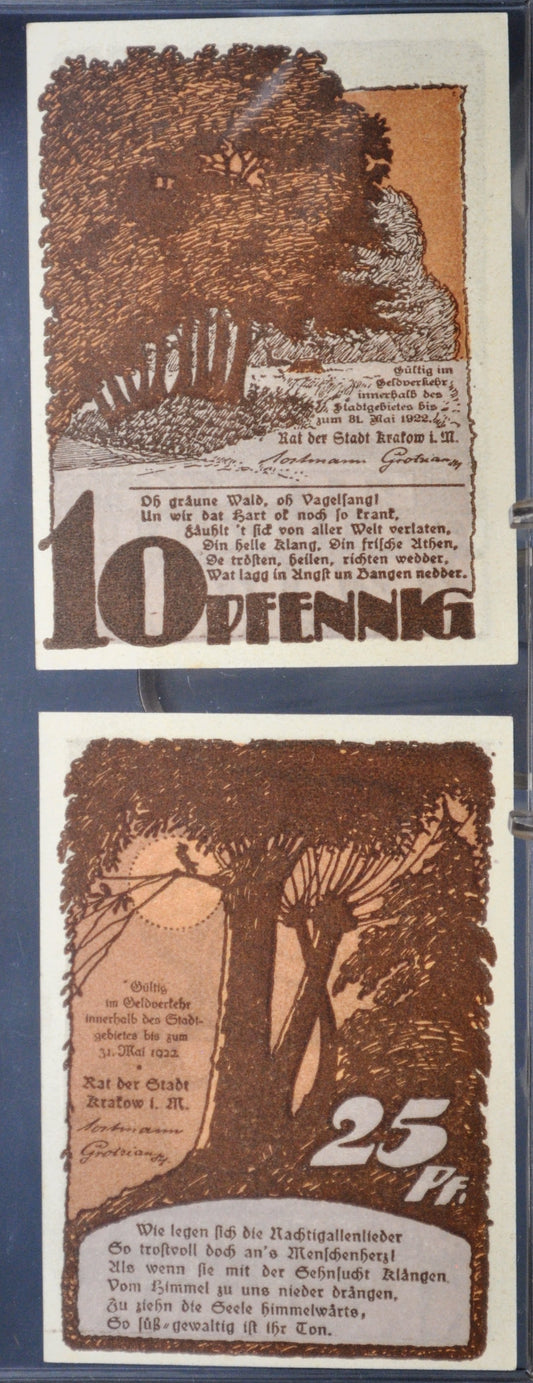 Set of 2 1922 Krakow 10 & 25 Pfennig Notgeld - Mecklenburg-Schwerin Note - 1922 German Emergency Ten and Twenty-Five Pfennig Notes
