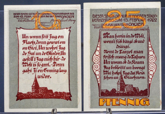 Set of 2 1922 Gnoien 10 & 25 Pfennig Notgeld - Mecklenburg-Schwerin Note - 1922 German Emergency Ten and Twenty-Five Pfennig Notes