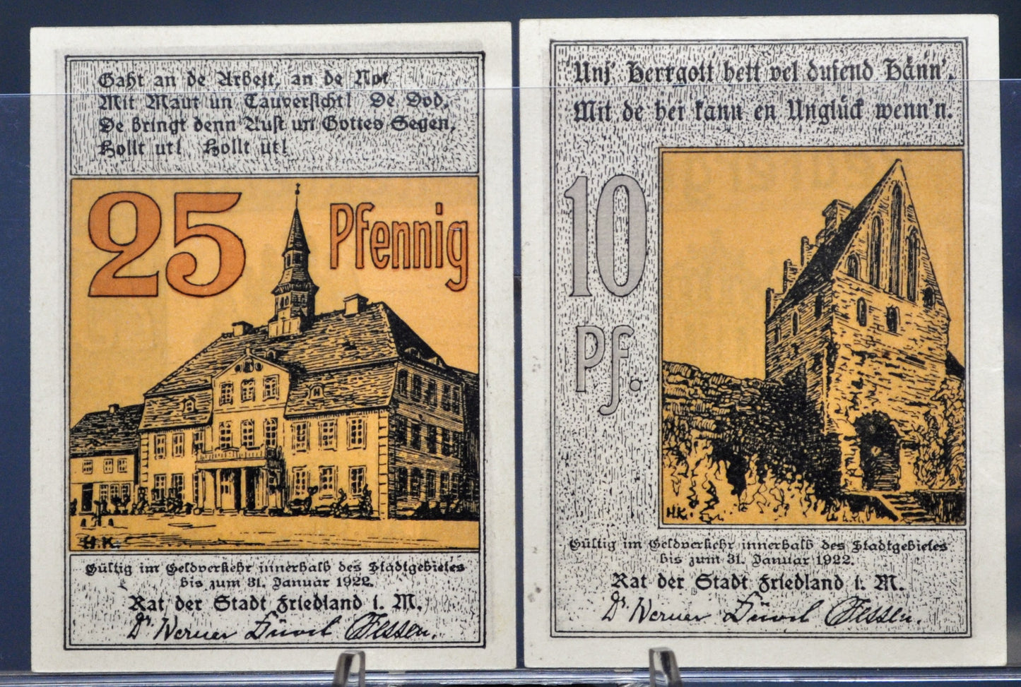 Set of 2 1922 Friedland 10 & 25 Pfennig Notgeld - Mecklenburg-Schwerin Note - 1922 German Emergency Ten and Twenty-Five Pfennig Notes