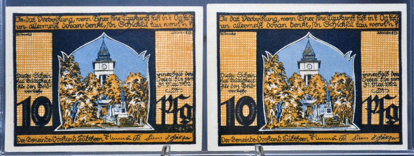 Lot of 2 1922 Lubtheen Germany 10 Pfennig Notgeld - Mecklenburg-Schwerin Note - 1922 German Emergency Ten Pfennig Notes