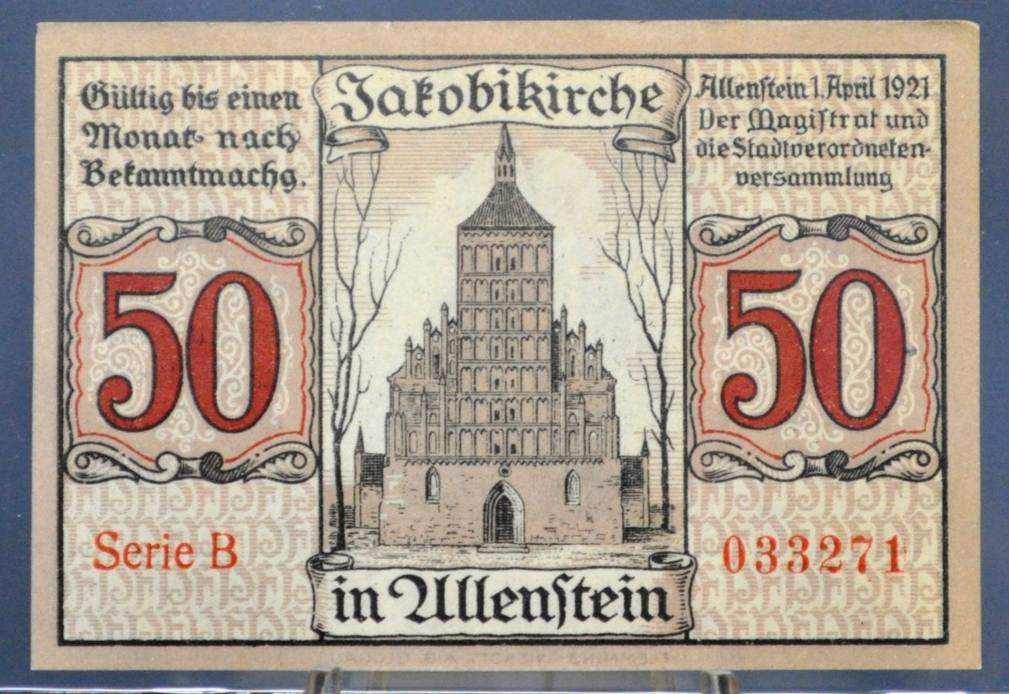 1921 Allenstein Germany 50 Pfennig Notgeld - Rarer Series B Type - WWI German Emergency Currency - 1921 German Fifty Pfennig Note
