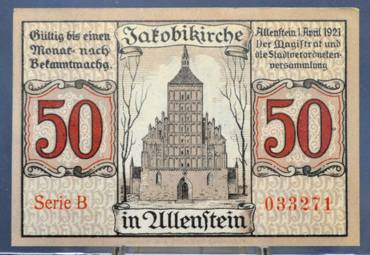 1921 Allenstein Germany 50 Pfennig Notgeld - Rarer Series B Type - WWI German Emergency Currency - 1921 German Fifty Pfennig Note