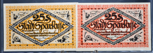 Rare 1917 Smiling Rutabaga Series Bielefeld 25 Pfennig Notgeld Set - Series B & C - 1917 German Emergency Twenty-Five Pfennig Notes