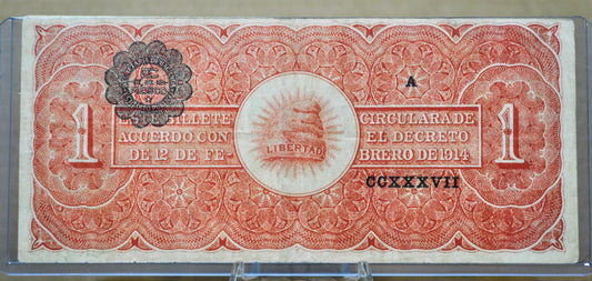1914 Mexican Revolution 1 Peso Bank Note - Ejercito Constitutionalista de Mexico - Rarer 1914 Mexico One Peso Banknote - P#S523a