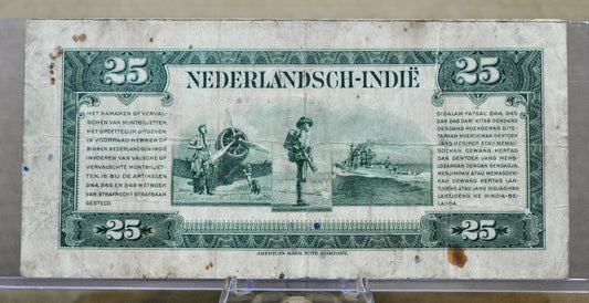 1943 Dutch East Indies 25 Gulden Banknote - 1943 Muntbiljet Issue - Netherlands Indies WWII Occupation Twenty-Five Gulden Note - P#115a