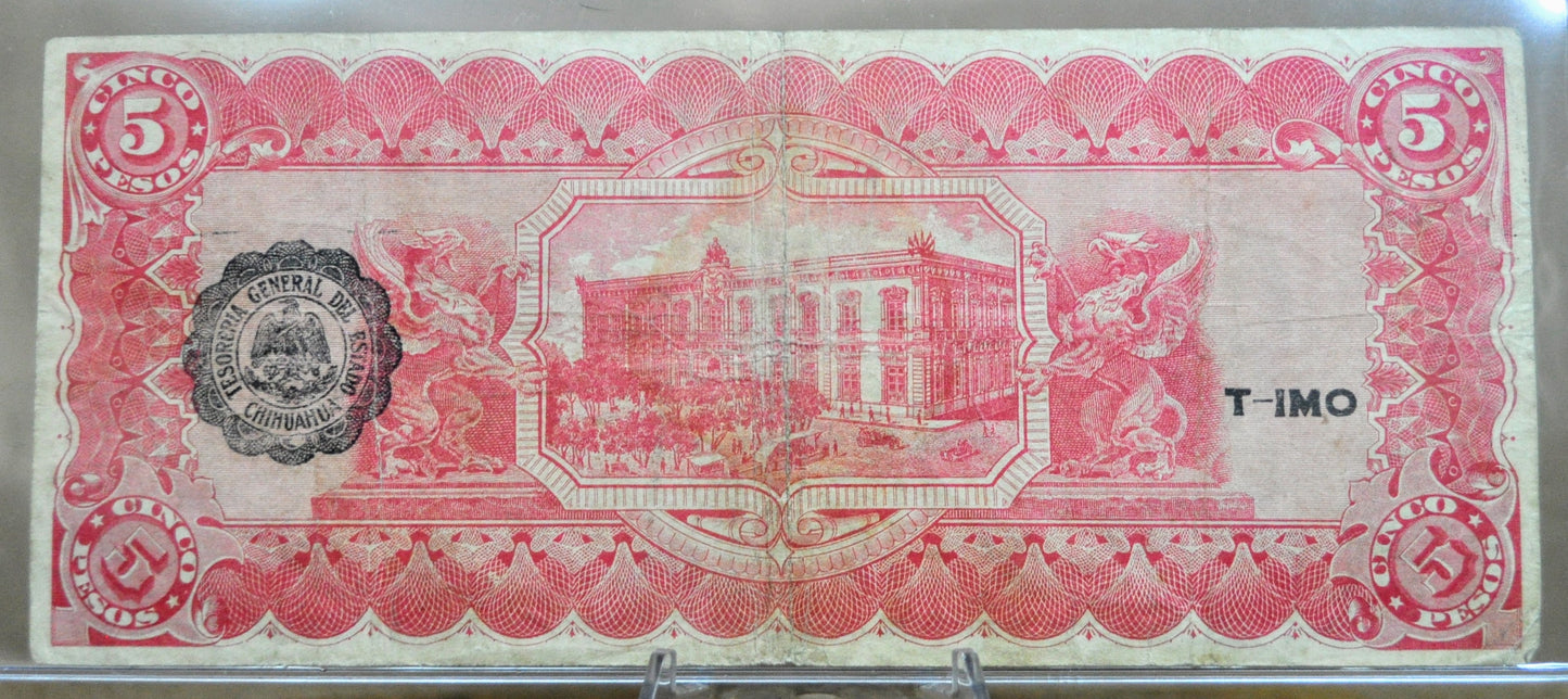 1915 Chihuahua Revolutionary 5 Pesos Note - Series H - Black Scalloped Seal - 1915 Mexico Revolution Five Pesos Note - P#S532