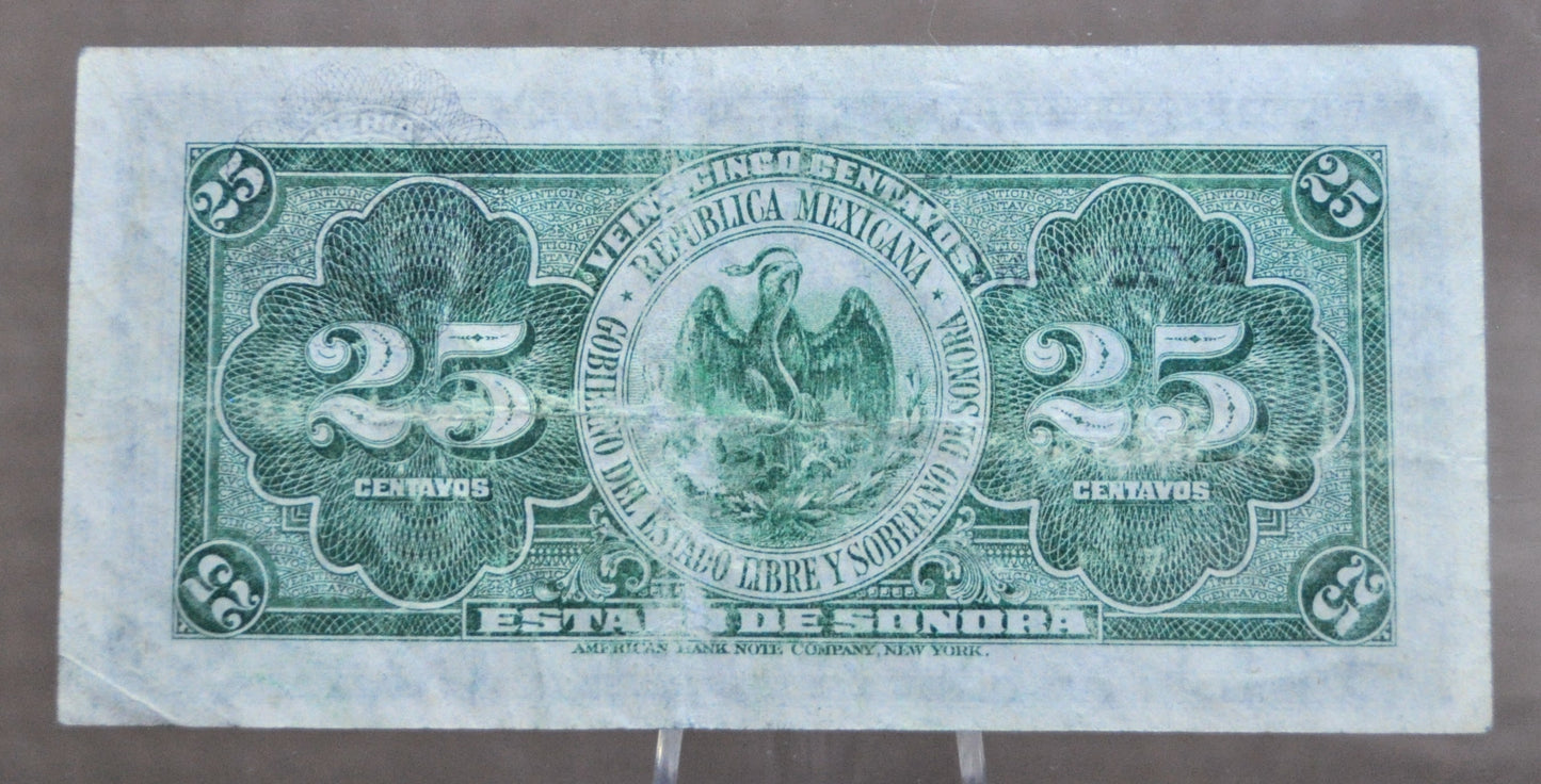 1915 El Estado de Sonora Mexico 25 Centavos Note - Series B, Decree No. 13 - 1915 Mexico Revolution Twenty-Five Centavo Note - P#S1069