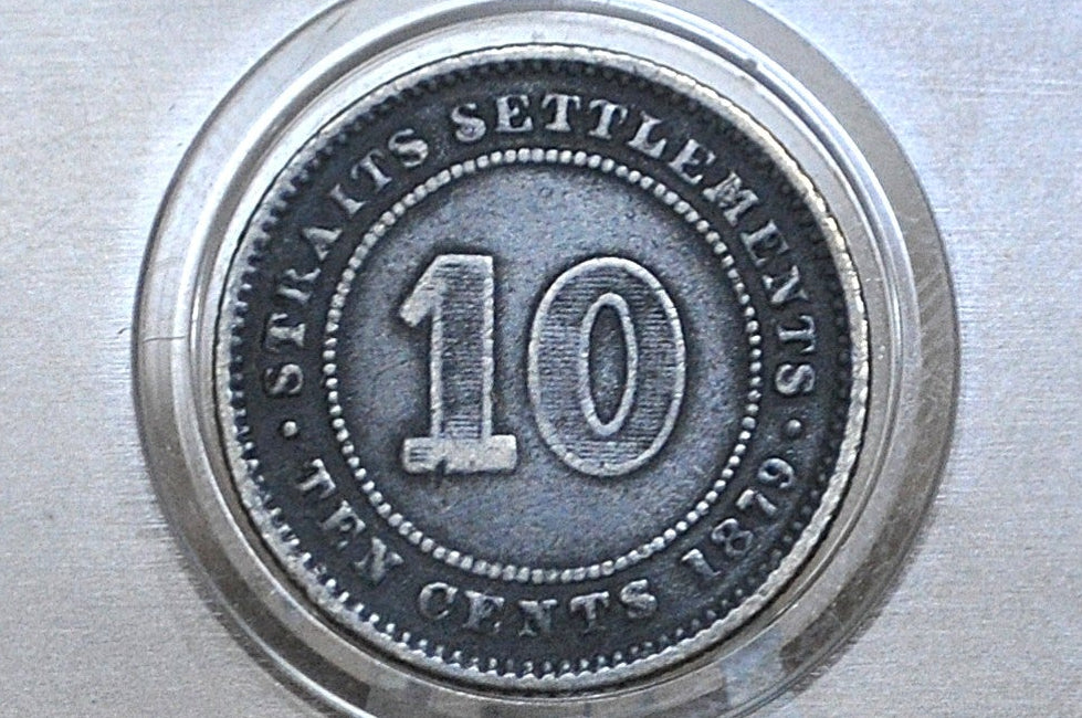 Rare 1879H Silver British Straits Settlements 10 Cents - VF Condition - Queen Victoria - Old Silver British Coins - Only 250k Minted! -