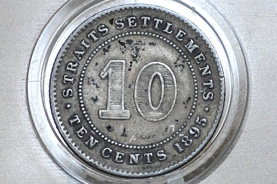 Rarer 1895 Silver British Straits Settlements 10 Cents - Very Fine Condition - Queen Victoria - Old Silver British Coins -