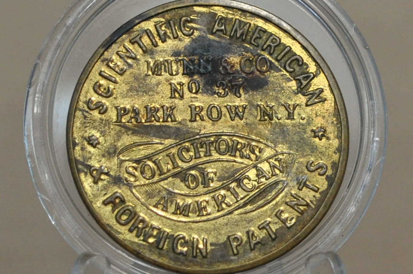 1868 N.Y. Munn & Co. Scientific American Solicitor of Patents Shell Card Token - Rare 1868 Munn & Co. Patent Solicitor Token