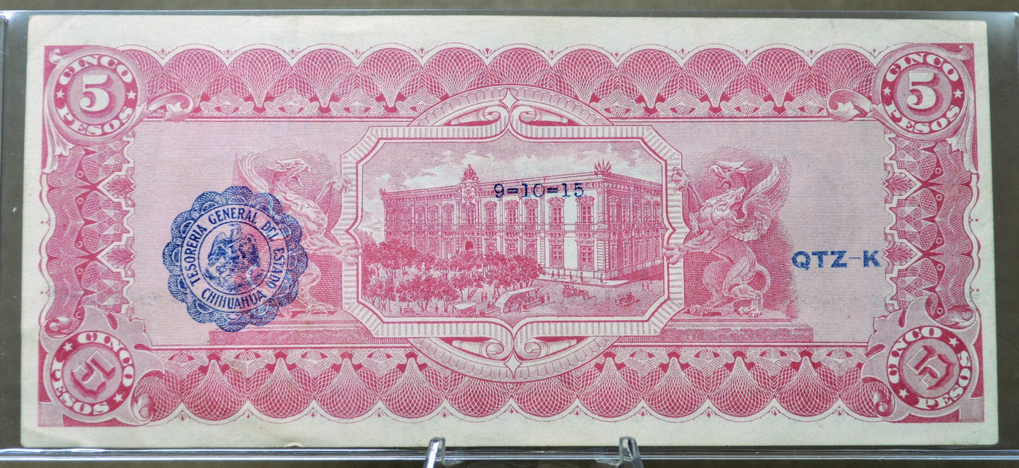 1915 Chihuahua Revolutionary 5 Pesos Note - Series M - Blue Scalloped Seal - 1915 Mexico Revolution Five Pesos Note - P#S532a