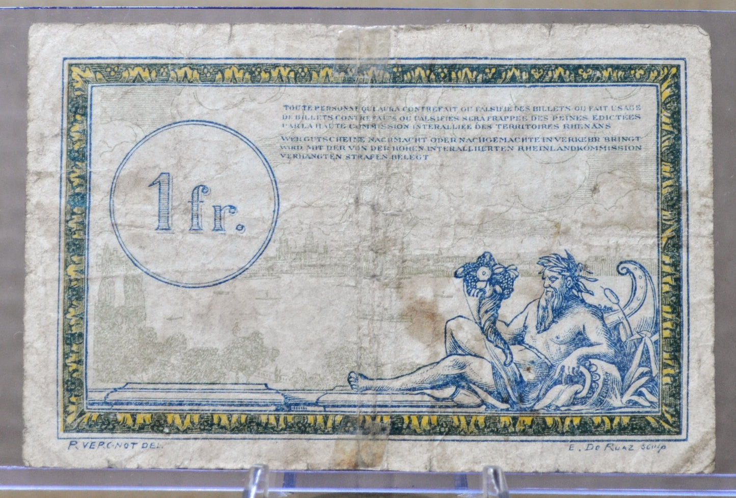 1923 French German Territories Railway Authority 1 Franc Note - Rare Occupied Germany Note - 1923 France RCFTO One Franc Note - P#R5