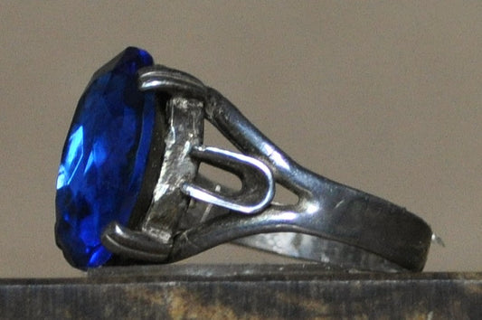 Vintage Cobalt Blue Glass Sterling Ring - Antique Style Silver Blue Glass Statement Ring Sz 12