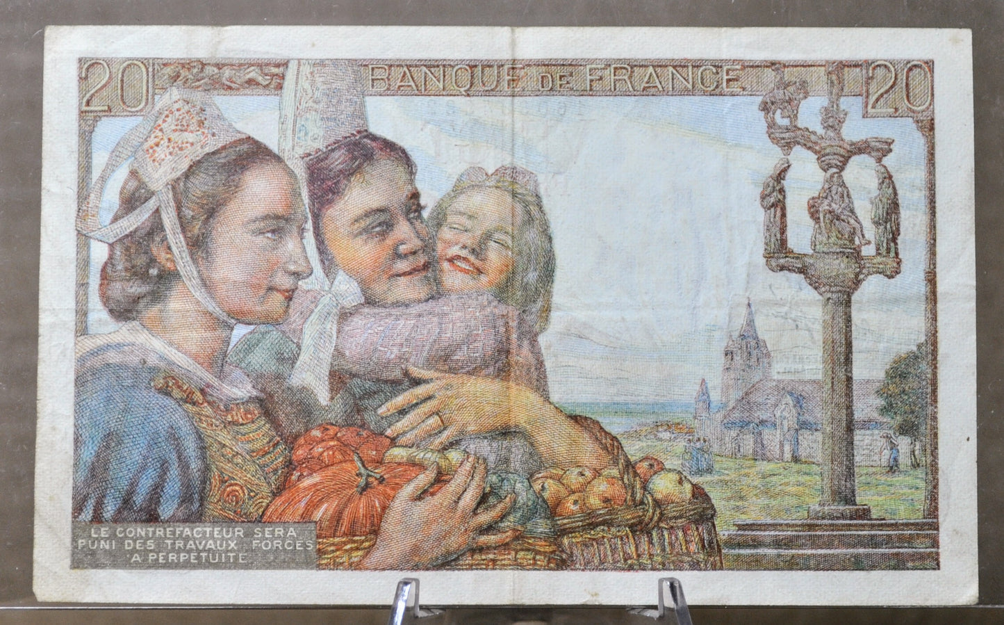 1943 Bank of France 20 Franc Banknote - Fisherman Type, 28-1-1943 - WW2 Era French Note - 1943 French Twenty Francs Bank Note - P#100a