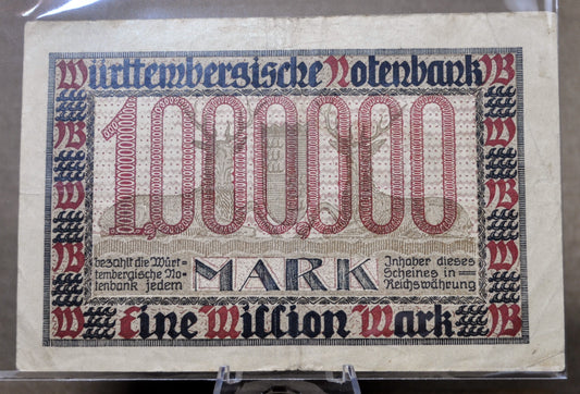 1923 Wurttembergische Notenbank 1 Million Marks Notgeld - Rarer German Inflation Note - 1923 Germany One Million Mark Note - P#S986