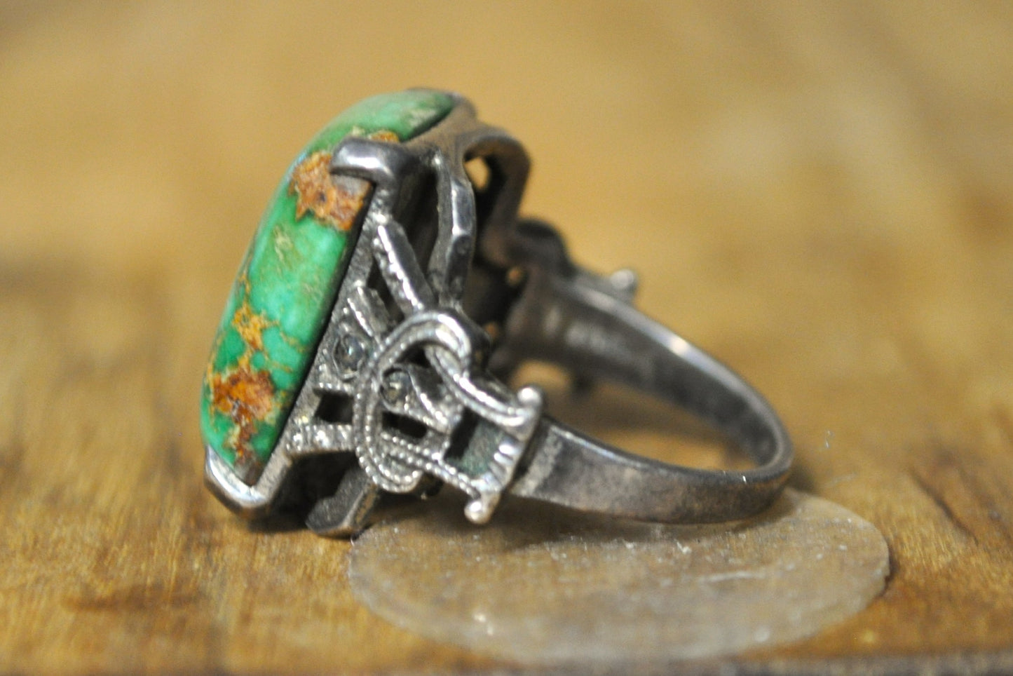 Green Copper Turquoise Ring - Size 4.5 - Stamped and Tested Sterling Silver - Detailed Scrollwork - Soldered Jewelry