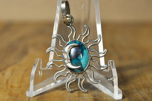 Beautiful Turquoise Crescent Moon and Sun Charm - Stamped and Tested Sterling Silver - Anthropomorphic Moon