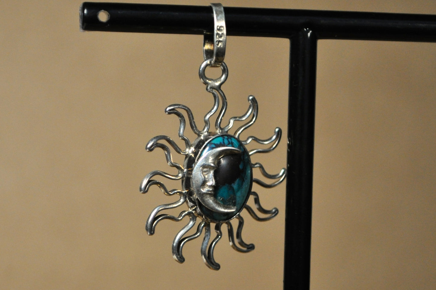 Beautiful Turquoise Crescent Moon and Sun Charm - Stamped and Tested Sterling Silver - Anthropomorphic Moon