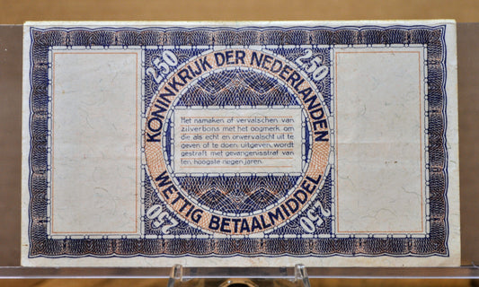 1938 Netherlands Zilverbon 2.50 Gulden Note - Silver Certificate - Rare Denomination - 1938 Netherlands Two and a Half Gulden Note - P#62