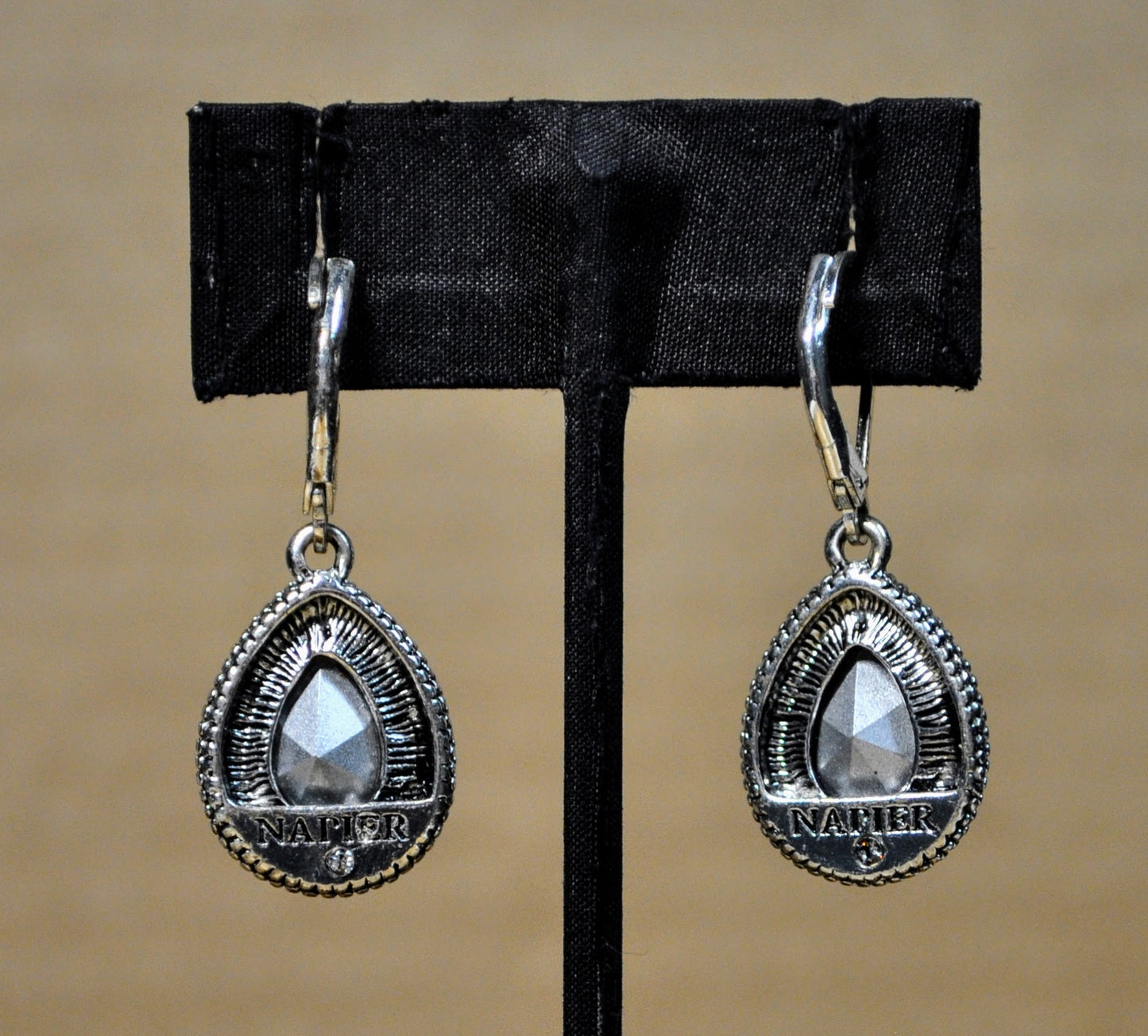 Elegant Napier Silver Toned Teardrop Aqua Blue Crystal Dangle Earrings - Vintage 1990s Napier Light Blue Silvertone Teardrop Earrings