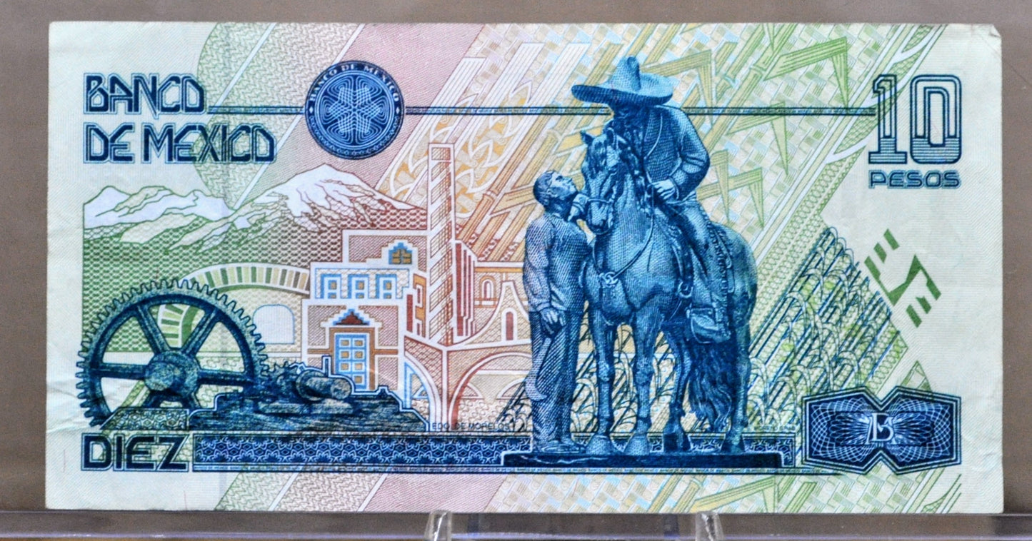 1994 Bank of Mexico 10 Pesos Note - Series L - Very Fine (VF) - Emiliano Zapata Note - 1994 Mexico Ten Peso Banknote - P#105a