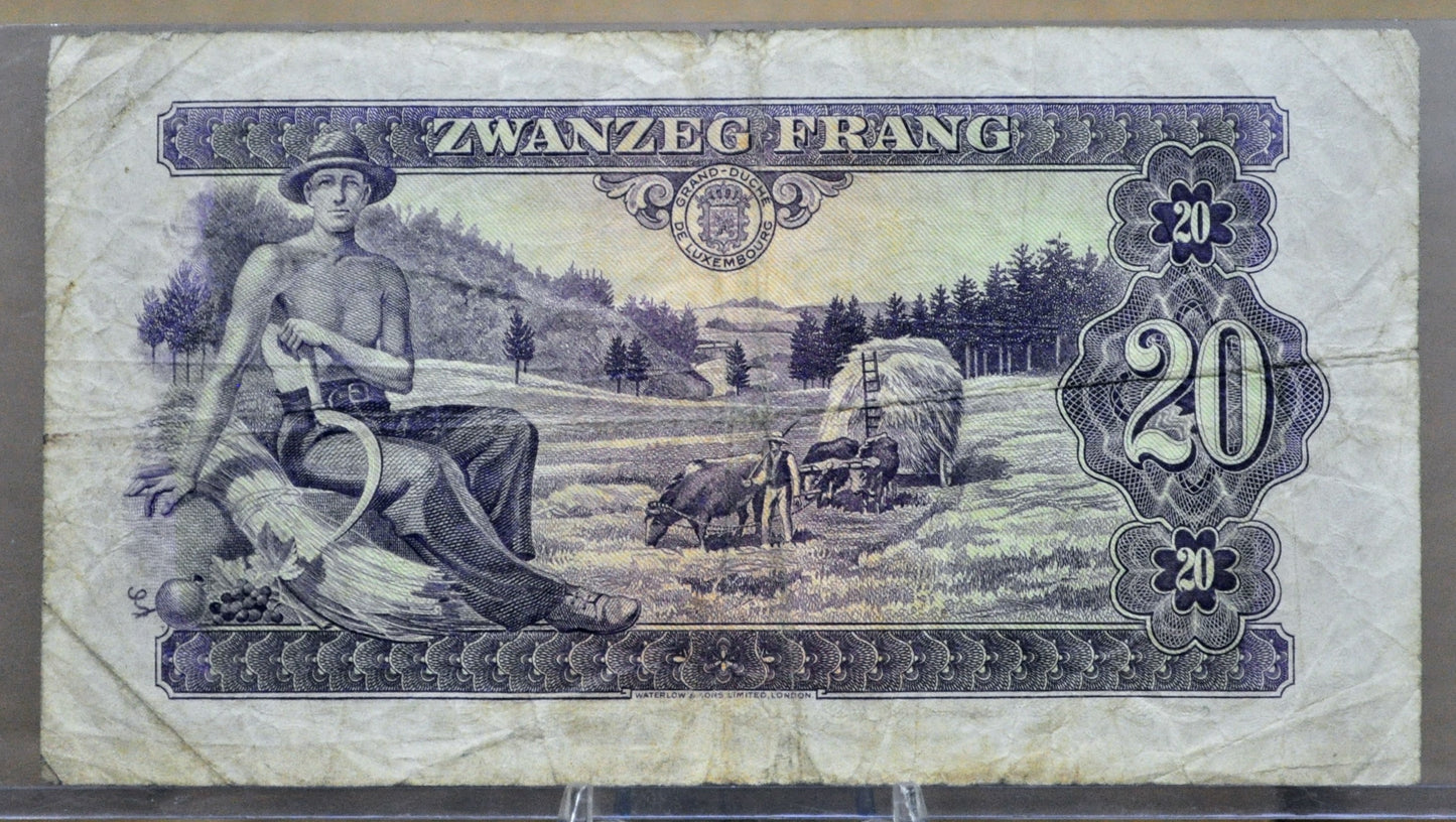1943 Luxembourg 20 Francs Note - WWII Era Bank Note - Very Fine (VF) - 1943 Grand Duché De Luxembourg Twenty Francs Banknote - P#42