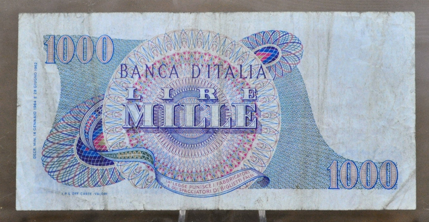 1964 Bank of Italy 1000 Lire Italian Note - Giuseppe Verdi Series - Carli/Ripa Signatures - 1964 Italy One Thousand Lire Banknote - P#96c