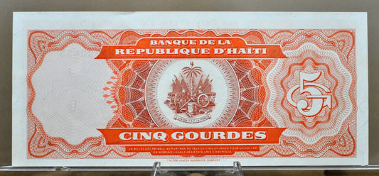 1989 Republic of Haiti 5 Gourdes Banknote - Monument Type - Uncirculated (UNC) - 1989 Haitian Cinq Five Gourdes Note - P#255