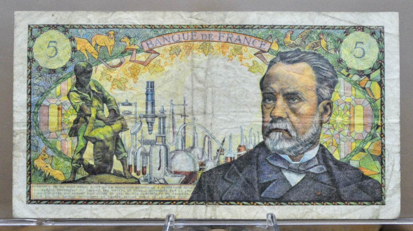 1969 Bank of France 5 Francs Note - Louis Pasteur Type, Dated 5-6-1969 - Very Fine (VF) - 1969 French Cinq Five Francs Banknote - P#146b