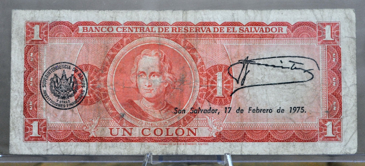 1972 El Salvador 1 Colon Note - Series IC, Reverse Dated Feb 17th 1975 - 1972/75 El Salvadorian One Colon Banknote - P#115a