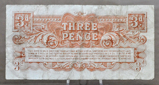 1948 British Armed Forces 3 Pence Special Voucher Note - 2nd Series, Metal Security Strip - 1948 Three Pence British Military Note - P#M16a