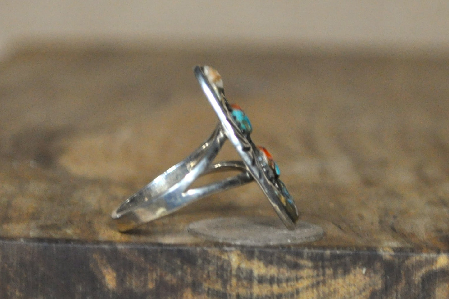 Santa Fe Spiny Turquoise and Coral Ring - Size 10 - Stamped and Tested Sterling Silver - Native Southwest Jewelry