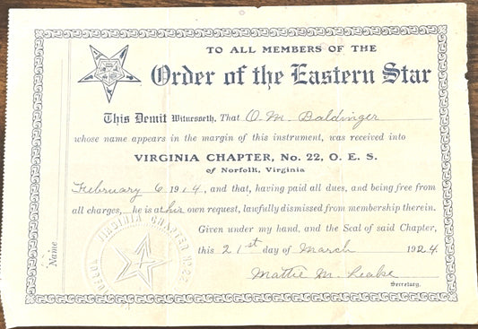 Ora Mathias Baldinger Masonic Membership Paperwork Lot of 4 - Ora M. Baldinger Membership certificates Lot of Four