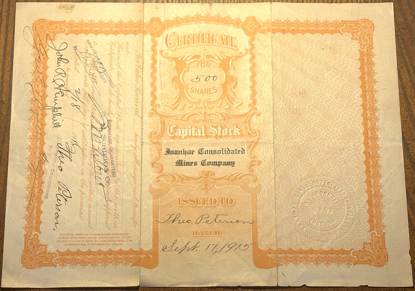 Ivanhoe Consolidated Mines Company Lot of Two Stock Certificates from 1915-1916 - Vintage Lot of Two Stock Certificates from Ivanhoe Consolidated