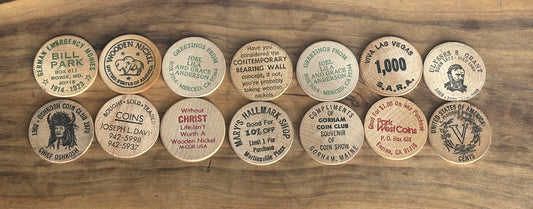 Lot of 14 Wooden Nickels - Fourteen Wooden Nickels Lot - Wooden Nickels lot of 14
