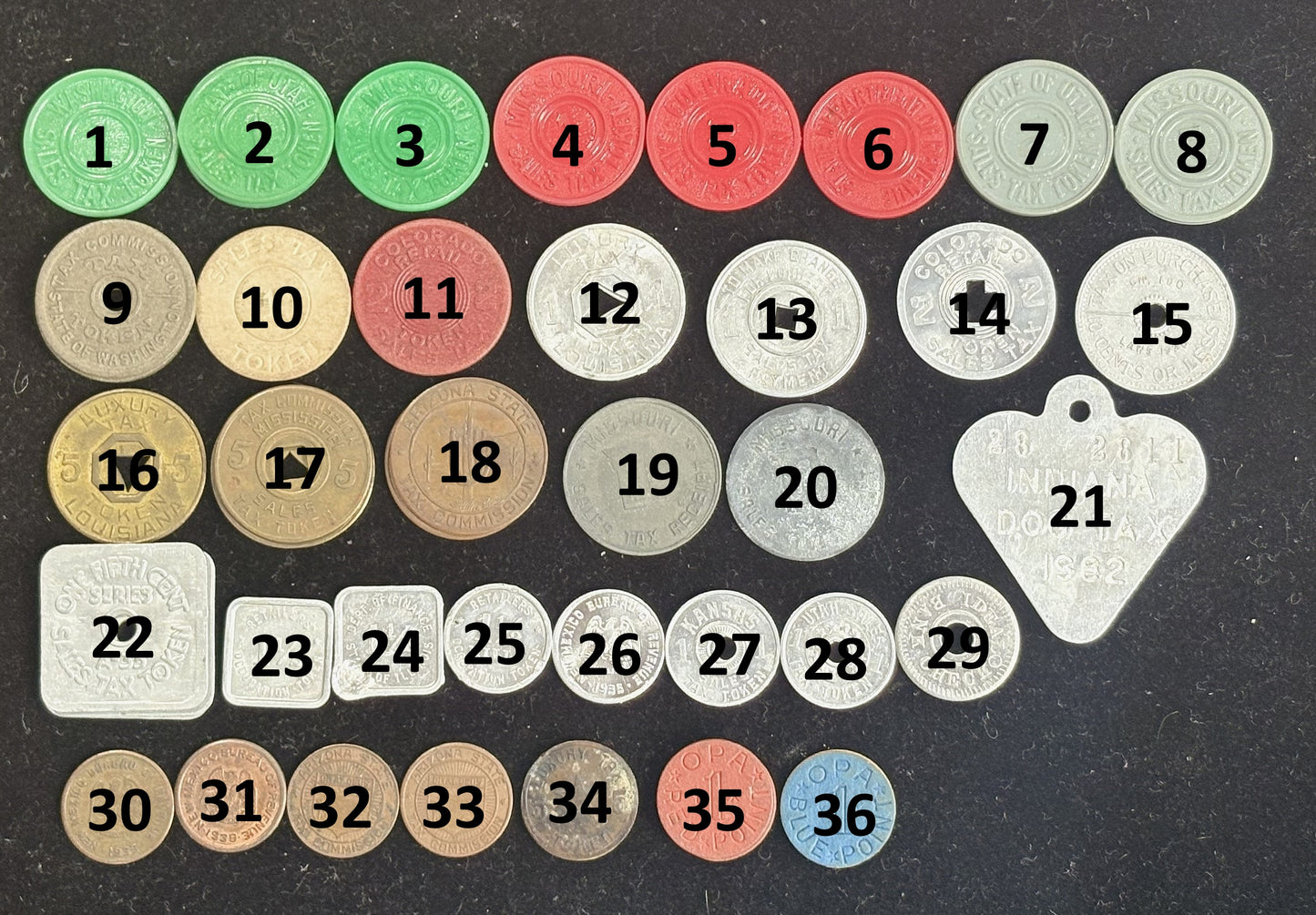 Antique Tax Tokens Over 30 Varieties - 1940s Vintage Tax Tokens Pick Your Variant