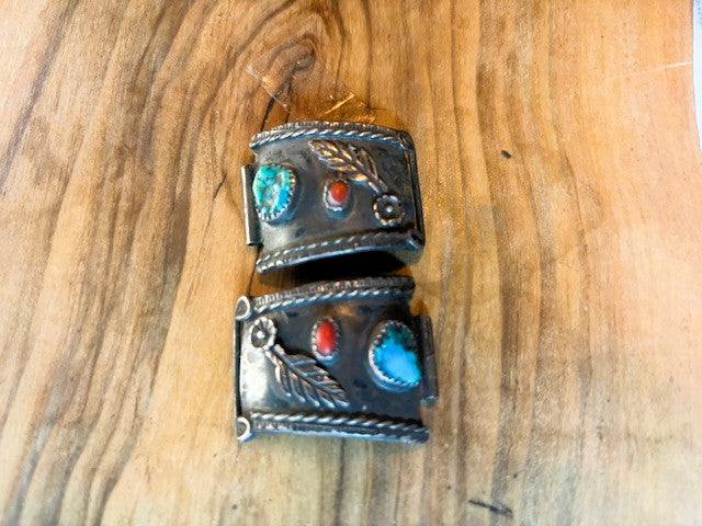 Sterling Silver Navajo Turquoise & Red Coral Feather Watch Tabs